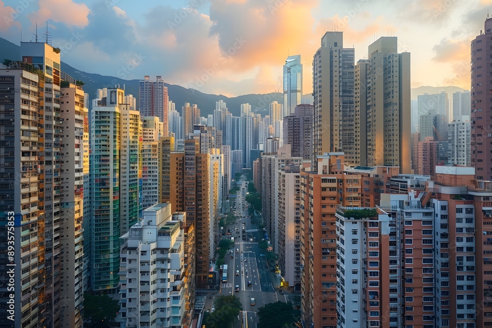 Vibrant Urban Skyline of Towering Skyscrapers and Bustling City Streets at Sunset Vibrant Urban Skyline of Towering Skyscrapers and Bustling City Streets at Sunset