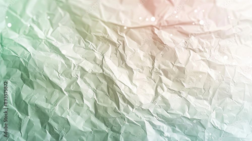 Obraz premium White crumpled texture with green and pink gradients glowing particles and bokeh