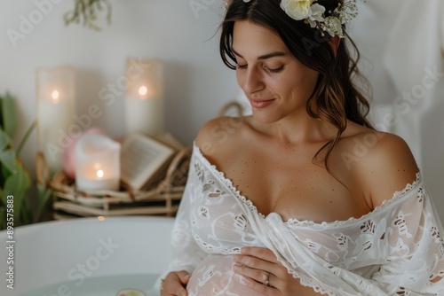 A serene pregnant woman in a floral robe sits in a candle-lit setting, exuding calm and anticipation, surrounded by soft lighting and delicate decorations. photo