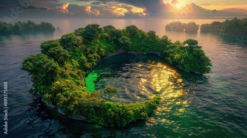 An island resembling a crescent moon shape, with lush greenery and a hidden bay, the water around it sparkling with the reflections of the sunseta??s gold and pink hues. photo