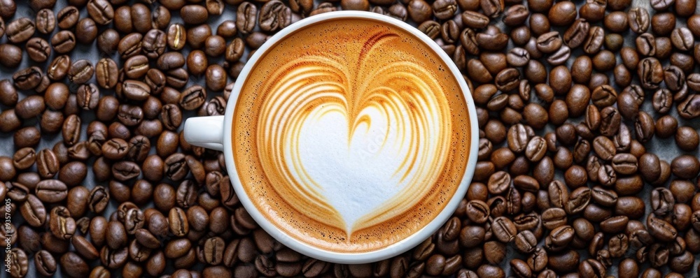 Fototapeta premium Aerial view of a latte with detailed foam art, surrounded by coffee beans forming a heart shape, bright colors, digital illustration, cheerful and uplifting mood