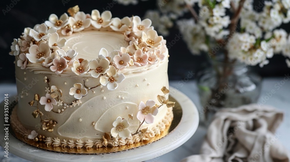 Fototapeta premium An elegant birthday cake with smooth fondant icing, decorated with delicate sugar flowers and gold accents, set on a fancy cake stand