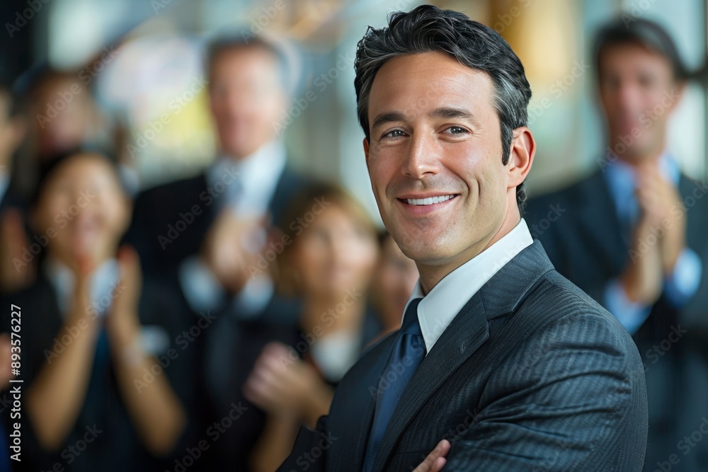 A male executive getting an applaud from his teammate for a success project that he leads. A group of employees congratulate their colleague by giving him an applaud for his job promotion. A male executive getting an applaud from his teammate for a success project that he leads. A group of employees congratulate their colleague by giving him an applaud for his job promotion.