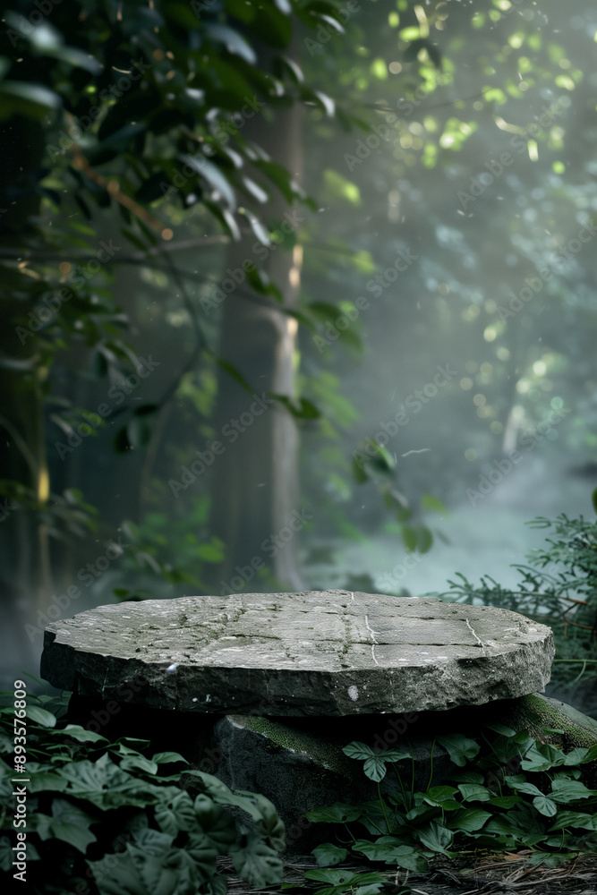 Fototapeta premium Stone podium in the magical tropical forest , empty round stand background