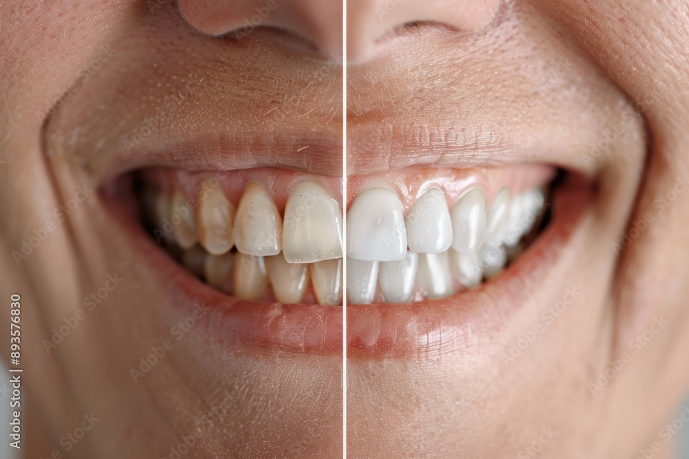 Obraz premium A close-up image showing a side-by-side comparison of teeth before and after whitening, with one side revealing yellowed teeth and the other side pristinely white teeth.