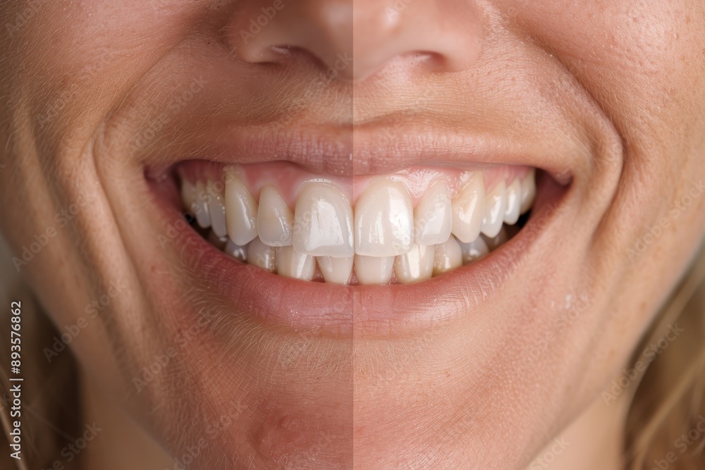 Obraz premium Close-up image showing a comparison between natural and professionally whitened teeth, illustrating the effectiveness of dental treatments for a brighter smile.