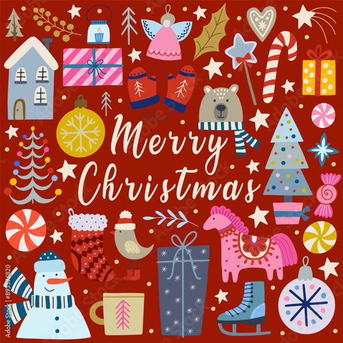 Merry Christmas greeting card with hand drawn flat elements. Doodles and sketches vector Christmas illustrations. Happy new year.