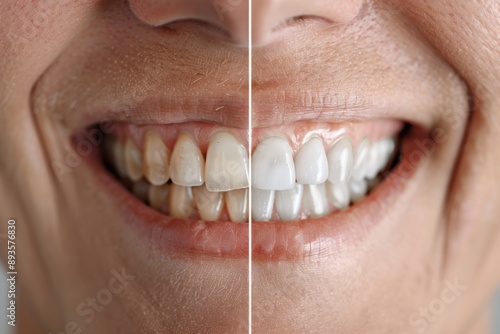 A close-up image showing a side-by-side comparison of teeth before and after whitening, with one side revealing yellowed teeth and the other side pristinely white teeth. photo