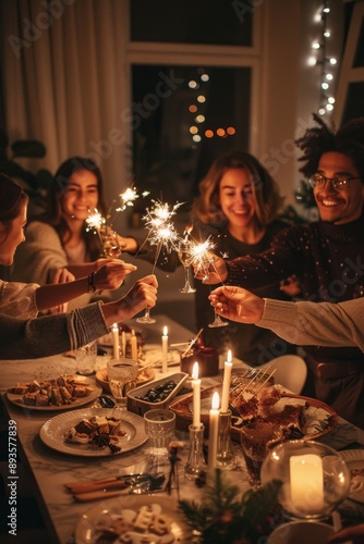 Friends enjoy festive dinner with laughter, sparklers, and warm company, creating cozy atmosphere filled with celebratory cheer. Event is celebration of togetherness and contentment