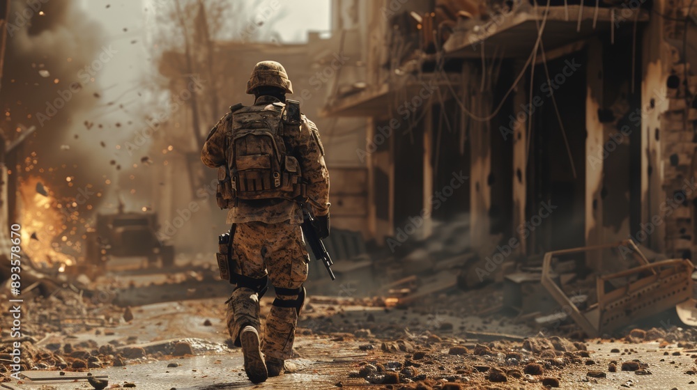Soldier Walking Through War-Torn City Soldier Walking Through War-Torn City