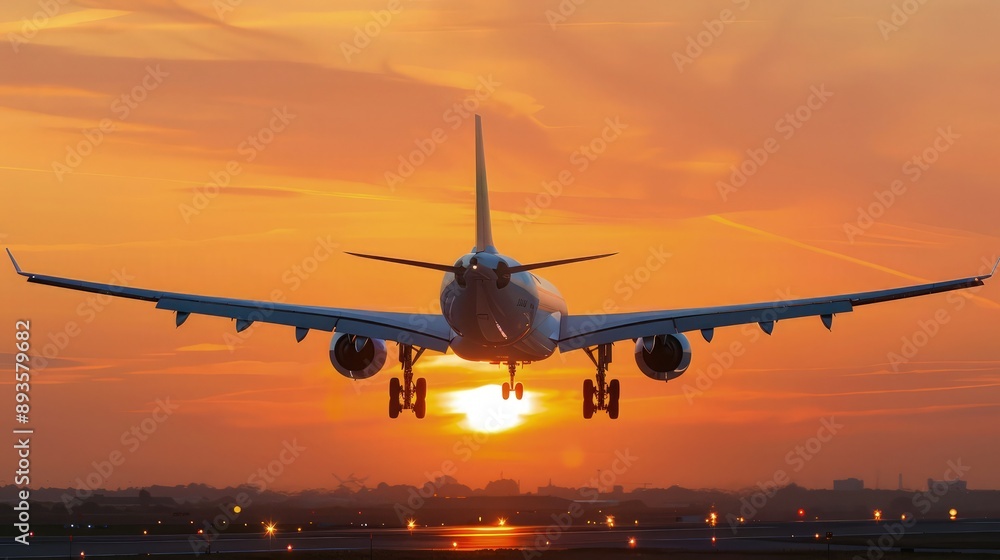 Flying commercial airplane at sunset, taking off into the orange sky. Flying commercial airplane at sunset, taking off into the orange sky.