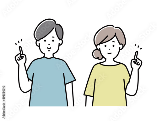 夫婦イラスト　表情　家族 　日本人　指差し　若い　夫婦　カップル　おしゃれ　シンプル　かわいい	