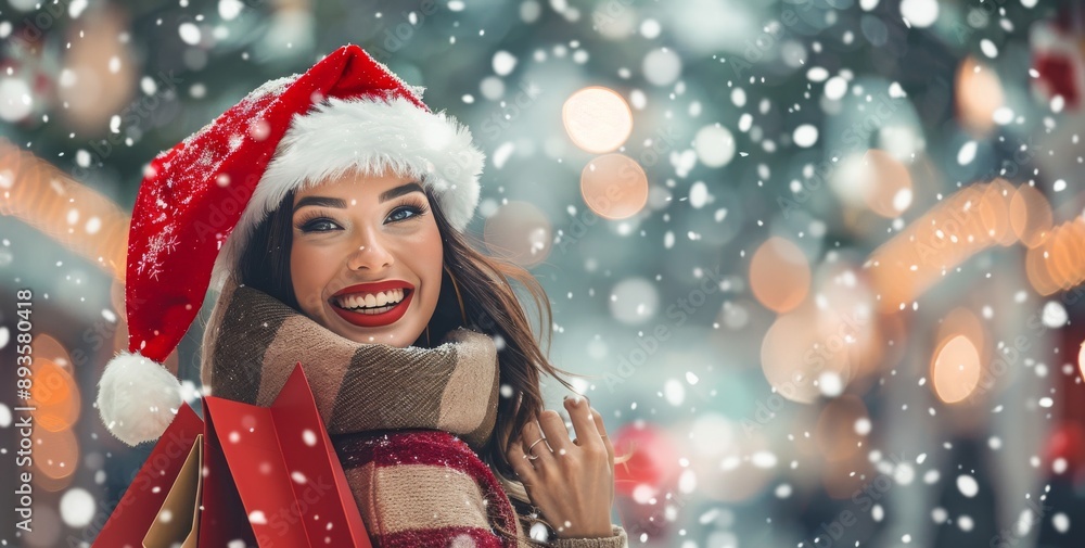 A joyful woman in a red Santa hat is happily embracing the festive winter atmosphere at a snowcovered market with bright decorations and lights around her. It exudes a sense of celebration and joy