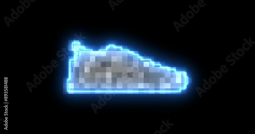 Glowing blue neon line Fitness pixelated sneakers shoes for training, running icon isolated on black background. Sport shoes. 4K Video motion graphic animation.