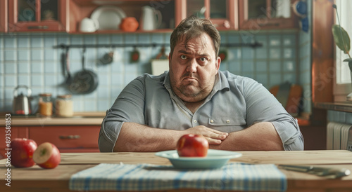 A chubby man with short hair and stubble sits at the kitchen table, looking frowningly into an apple on his plate photo