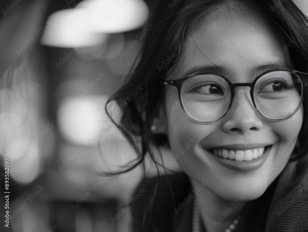 A black and white portrait of a woman wearing glasses A black and white portrait of a woman wearing glasses