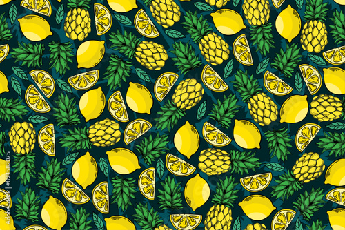 seamless pattern lemon and peneapple vector drawing photo