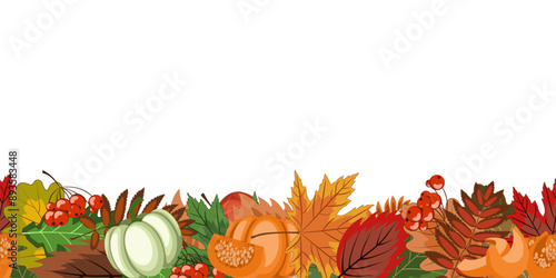 autumn seamless border, a lot of bright fallen leaves, pumpkins and rowan berries lie in a horizontal strip from below. colorful vector illustration on an autumn theme photo