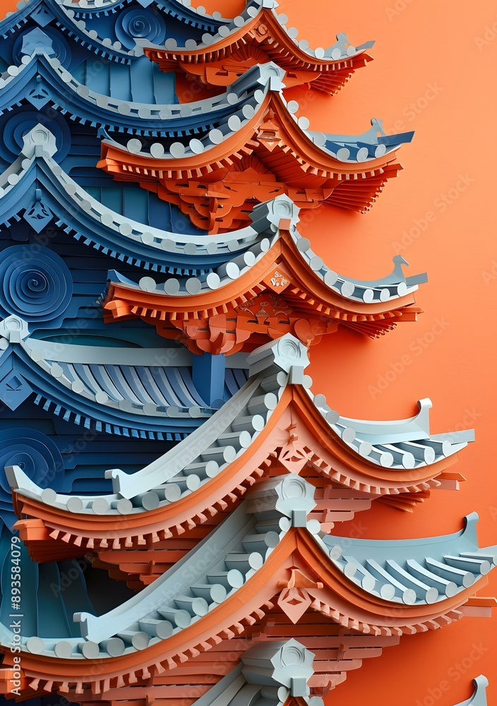 A 3D illustration of a traditional Chinese courtyard house with blue and orange eaves A 3D illustration of a traditional Chinese courtyard house with blue and orange eaves