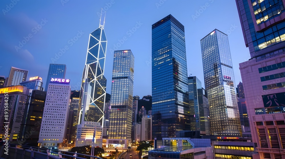 Obraz premium Hong Kong Skyline at Dusk with Illuminated Skyscrapers