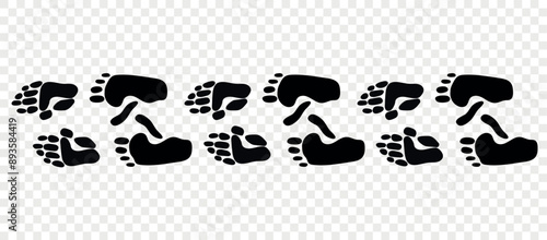 Footpath trail of animal. Gorilla paws. Gorilla paws walking randomly print vector isolated on checkered background.	