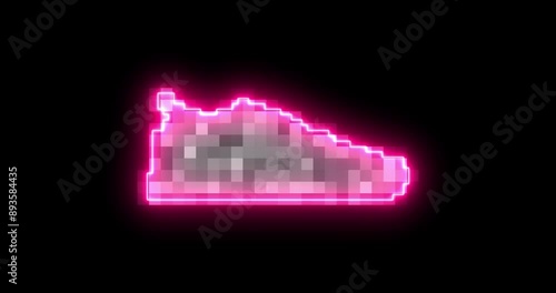 Glowing pink neon line Fitness pixelated sneakers shoes for training, running icon isolated on black background. Sport shoes. 4K Video motion graphic animation.