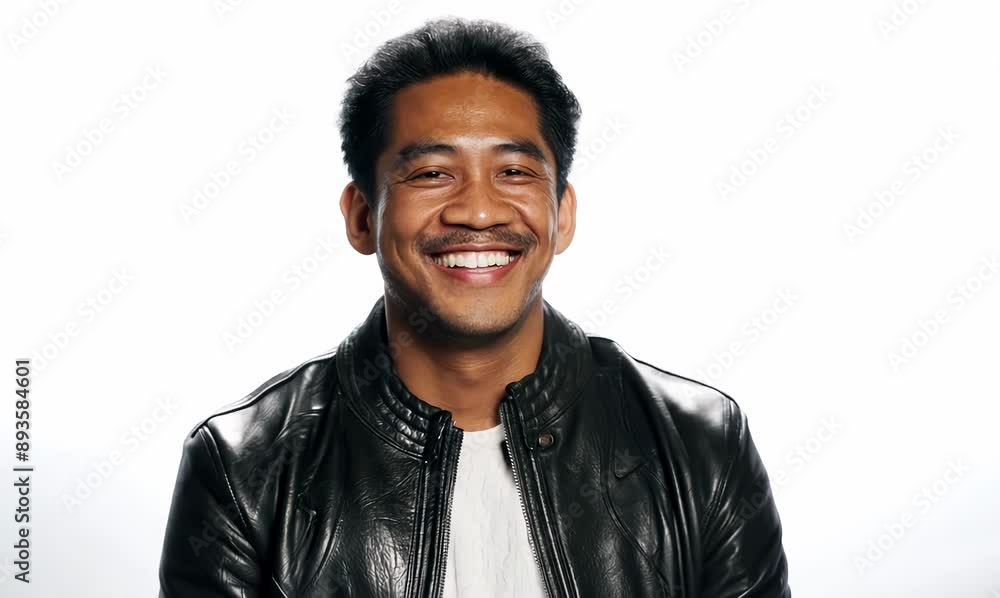 Portrait of a smiling asian man in leather jacket on white background Portrait of a smiling asian man in leather jacket on white background
