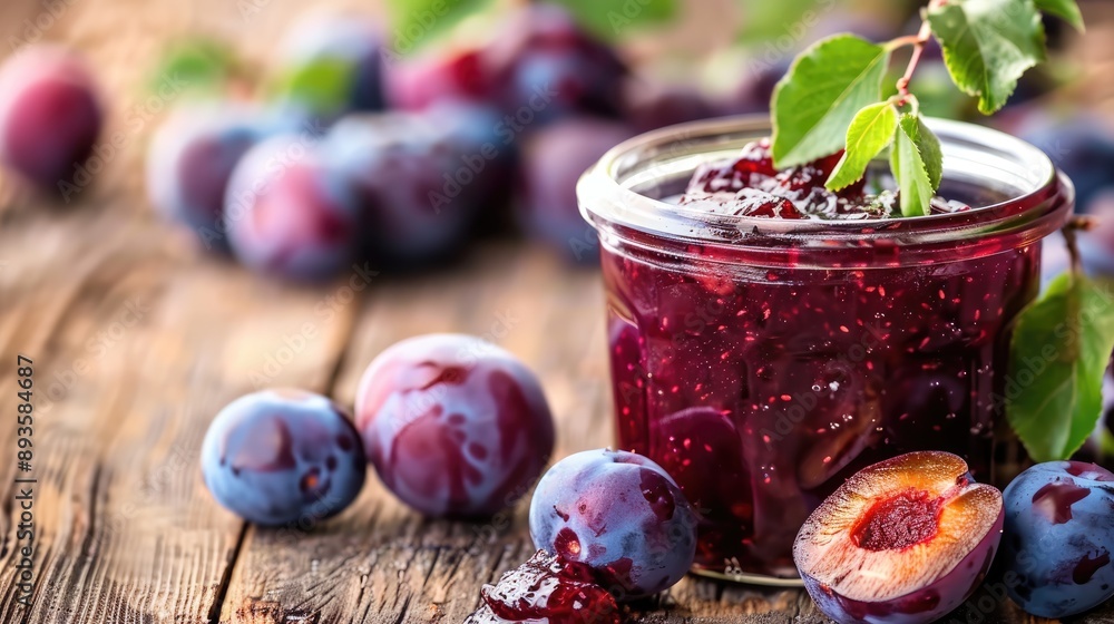Sweet and healthy jam made from ripe plums in a glass jar on a wooden kitchen table. A nutritious vegan dessert. Homemade organic marmalade. Sweet and healthy jam made from ripe plums in a glass jar on a wooden kitchen table. A nutritious vegan dessert. Homemade organic marmalade.