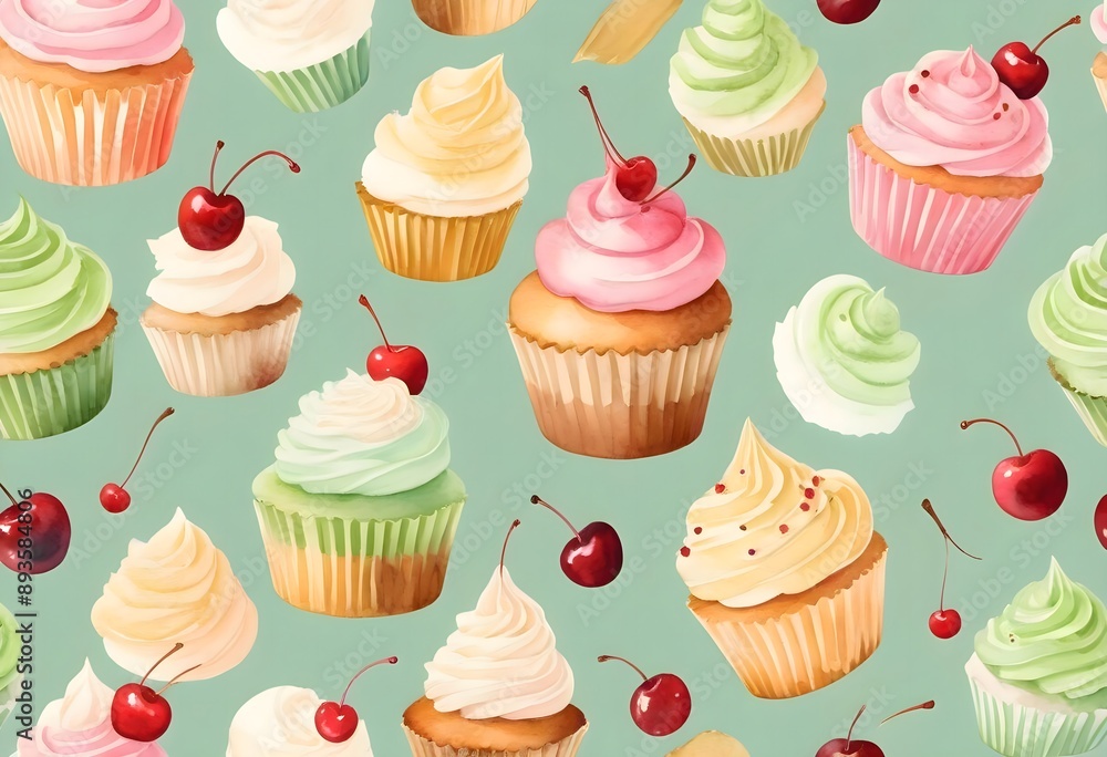 Watercolor Cupcakes Pattern on Green Background Watercolor Cupcakes Pattern on Green Background