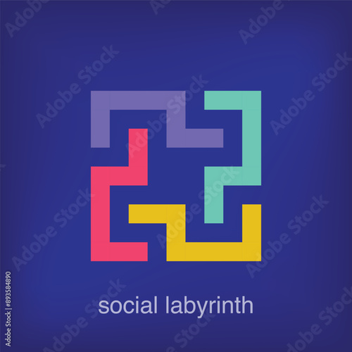 Social maze lines, company logo. Creative colorful graphics. Corporate brand abstract success shape. Vector