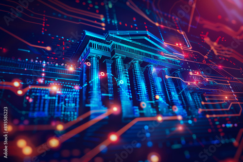 Digital Financial Institution Concept. An artistic representation of a financial institution with digital and futuristic elements, symbolizing the integration of technology in banking.