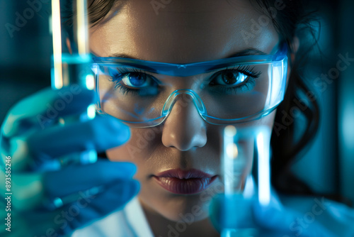 Focused Scientist Conducting Experiment. A scientist wearing protective goggles intensely focuses on a laboratory experiment, emphasizing precision, scientific research, and discovery. photo