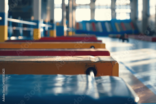 Colorful Training Blocks: A vibrant row of gymnastic training blocks awaits action in an empty gymnasium, bathed in the warm glow of afternoon sunlight.  