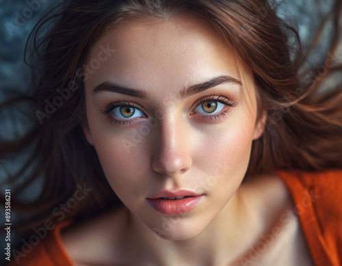 Wallpaper Mural Soulful Gaze: A young woman's captivating green eyes pierce the lens, her serene expression hinting at a world of emotions within.  Torontodigital.ca