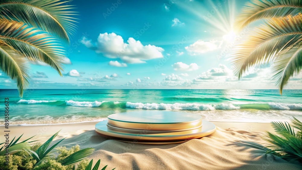Obraz premium Tropical beach with palm trees and a round table on sand. Tropical beach with palm trees and a round table. Beach podium with palm trees