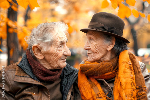 An elderly man and his wife are trustingly talking about something, leaning towards each other in the park in autumn photo