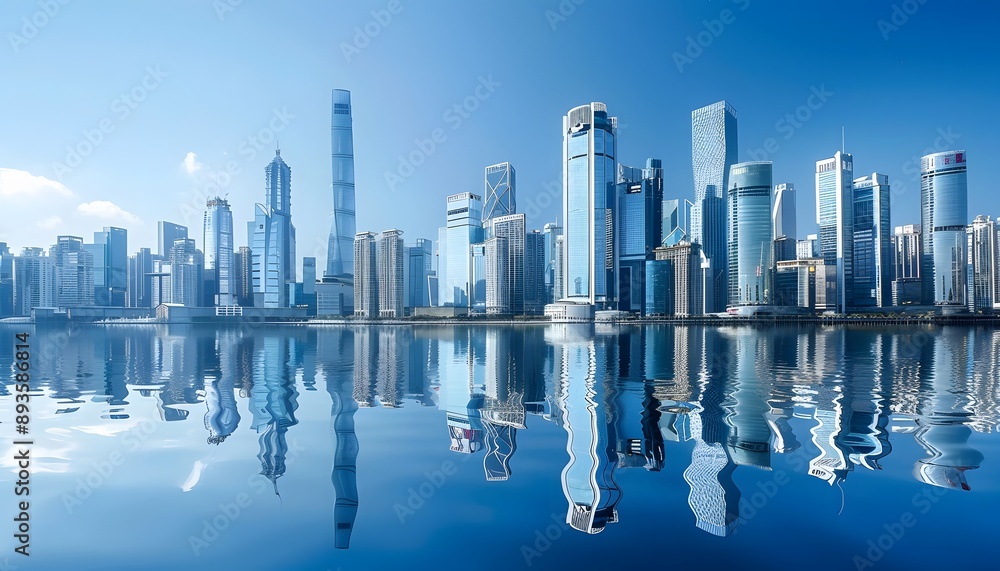 Modern Skyscrapers Reflecting on a Calm Waterfront Modern Skyscrapers Reflecting on a Calm Waterfront