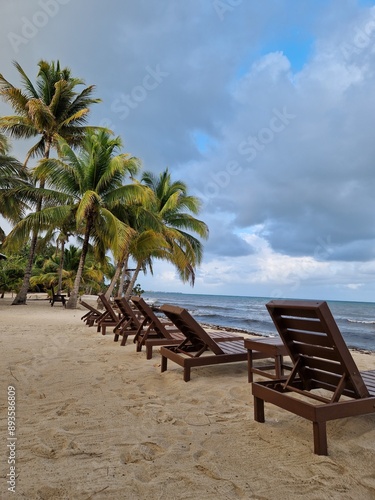 Blick auf Sonnenliegen an einem karibischen Sandstrand in Belize mit dem Meer im Hintergrund photo