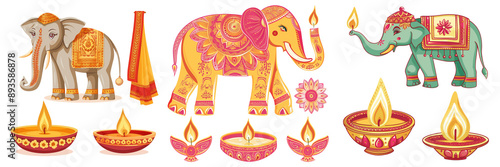 Symbols of Diwali festival on transparent background 