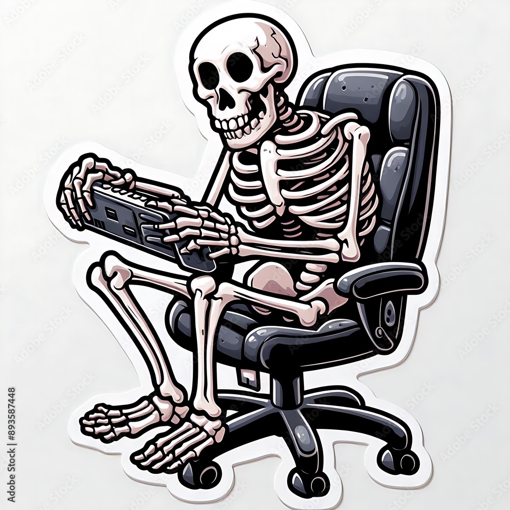 Skeleton sitting in office chair holding a keyboard. Cartoon style sticker with white border isolated on white background. Halloween and office work concept. Skeleton sitting in office chair holding a keyboard. Cartoon style sticker with white border isolated on white background. Halloween and office work concept.