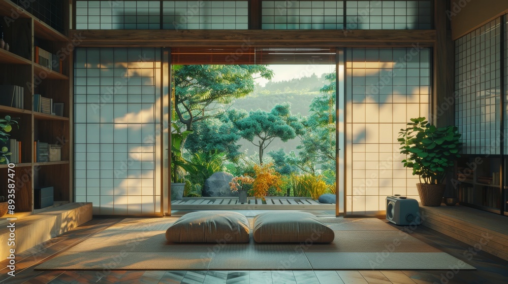 Tranquil Japanese-Inspired Workspace with Tatami Mats and Sliding Doors for Remote Work or Study Tranquil Japanese-Inspired Workspace with Tatami Mats and Sliding Doors for Remote Work or Study