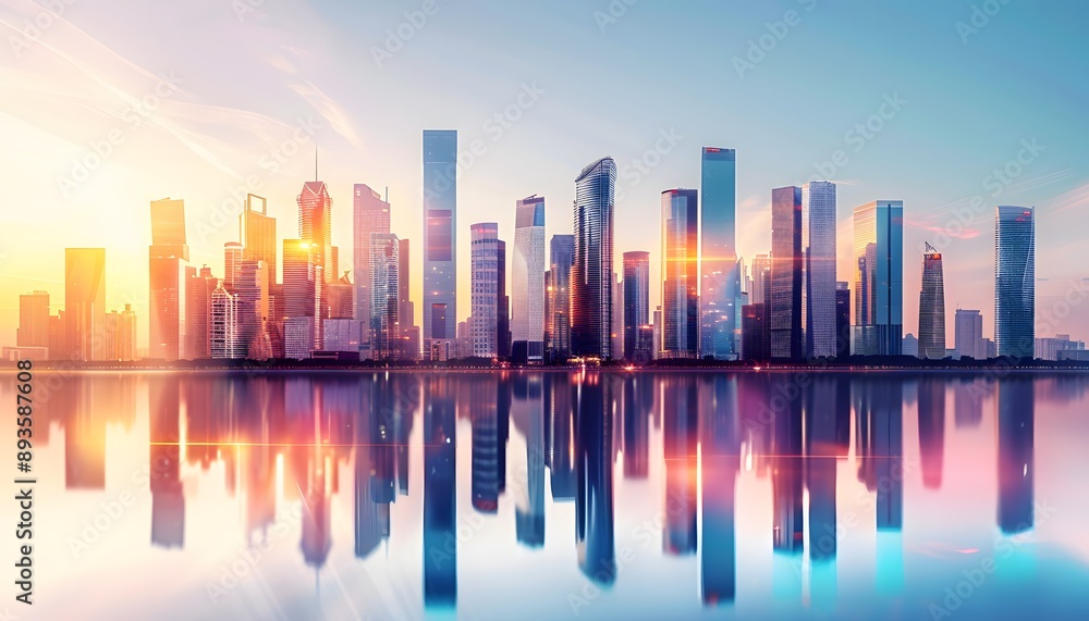 Fototapeta premium Cityscape with Colorful Reflections at Sunrise