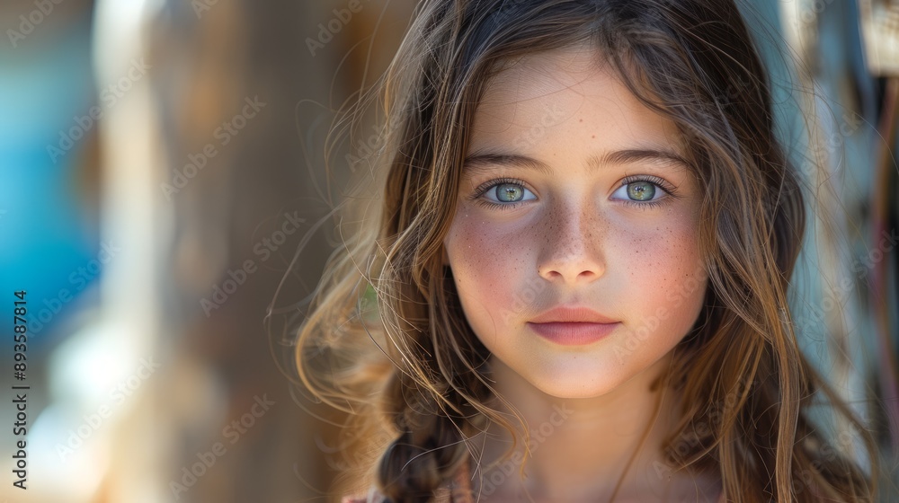 A Young Girl With Long Brown Hair and Blue Eyes Gazes Directly at the Camera in an Outdoor Setting. Generative AI A Young Girl With Long Brown Hair and Blue Eyes Gazes Directly at the Camera in an Outdoor Setting. Generative AI