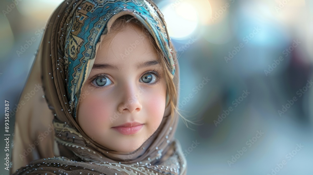 A Young Girl's Curious Gaze Through a Colorful Headscarf. Generative AI A Young Girl's Curious Gaze Through a Colorful Headscarf. Generative AI