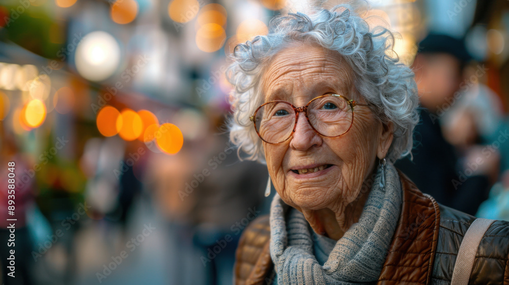 Portrait of a smiling elderly woman with glasses and curly hair, set against a backdrop of city lights at night. Portrait of a smiling elderly woman with glasses and curly hair, set against a backdrop of city lights at night.