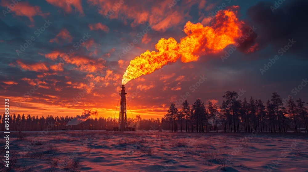 Flaming industrial pipe at sunset in a snowy field with a vibrant sky and forest in the background. Flaming industrial pipe at sunset in a snowy field with a vibrant sky and forest in the background.