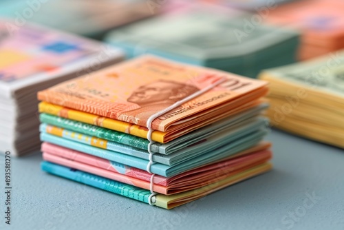 Stack of Colorful Banknotes Tied with Rubber Band.