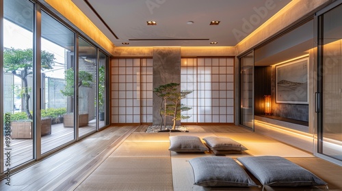 Serene Japanese-Inspired Workspace with Tatami Mats and Sliding Doors