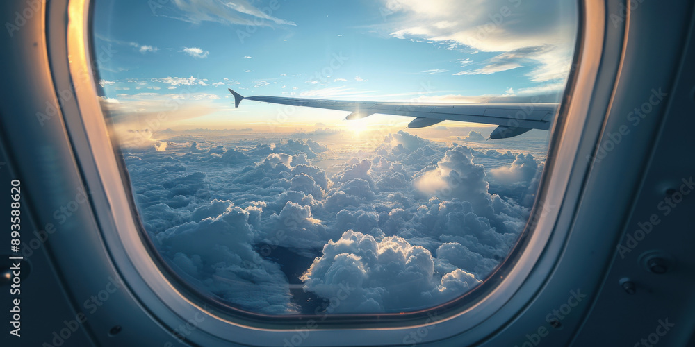 Stunning view from an airplane window showing a beautiful landscape of clouds and sky at sunset, capturing the essence of travel. Stunning view from an airplane window showing a beautiful landscape of clouds and sky at sunset, capturing the essence of travel.