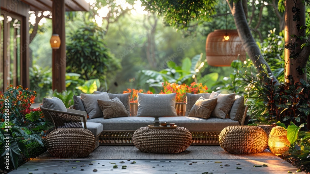 Tranquil Patio Oasis With Lush Greenery and Wicker Furniture. Generative AI Tranquil Patio Oasis With Lush Greenery and Wicker Furniture. Generative AI